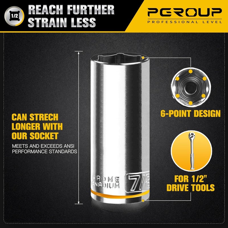 pgroup 10PCS 1/2” Drive Deep Socket Set, SAE (3/8"-15/16"), 6-Point, Cr-V Steel, Chrome Plated Socket With Hanging Bracket, Cover Most Commonly Sizes - Image 2